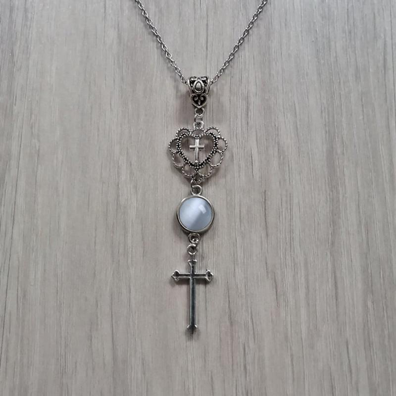 

Gothic Exquisite Hollowed-out Heart-shaped Lacework Red Agate Cross Pendant Necklace for Women Halloween Party Charm Jewelry синій