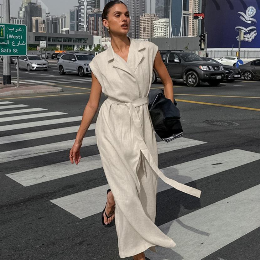 

LYRIA Французский стиль Костюмный воротник Пояс Офисное платье Мода Новое Длинное платье L хаки