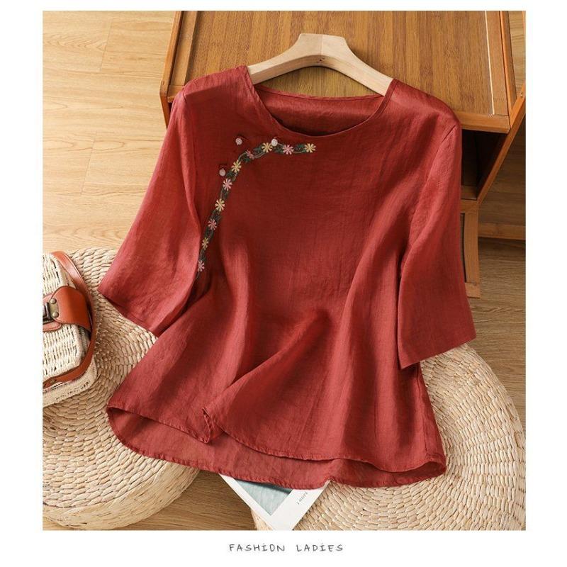 Retro Chinesischer Stil Besticktes Baumwollleinenhemd Damen Sommer Jung Perlenknöpfe Schräge Knopfleiste Neu