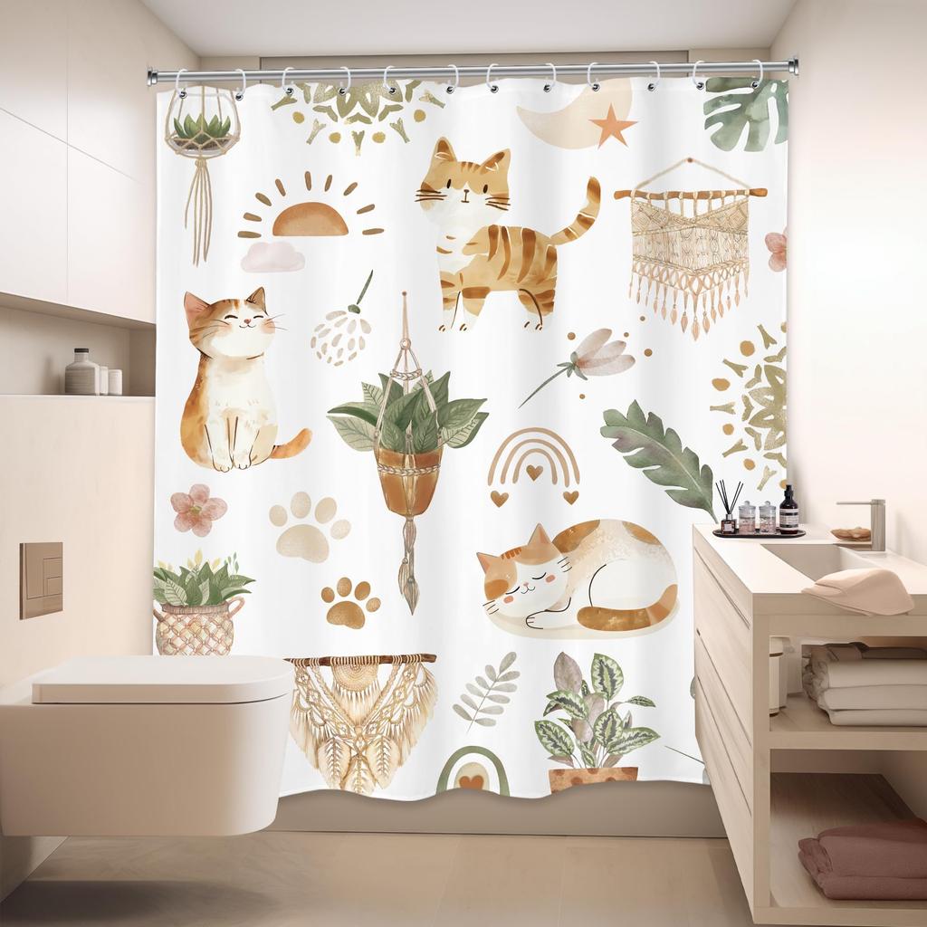 Wodoodporny Poliestrowy Parawan Kąpielowy - Nadruk Cyfrowy, Można Prać w Pralkce z Haczykami, Ekscentryczne Motywy Kota i Roślin