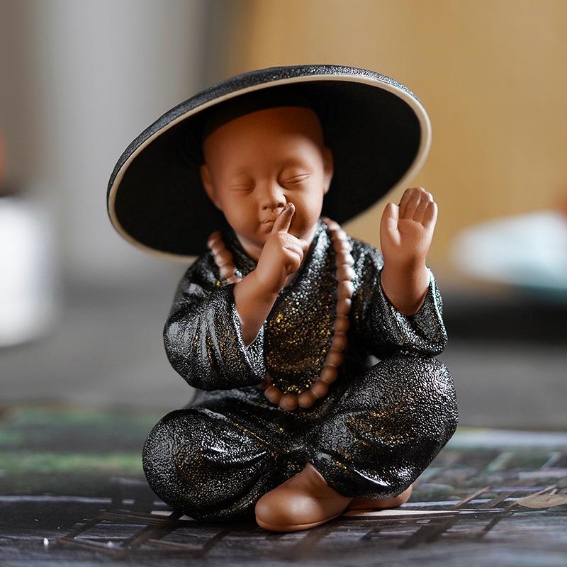 Black Pottery Buddhist Monks Miniature Figurines Buddha Statue Sculpture Tea Filter Funel Set Ornaments Home Docor Decoration