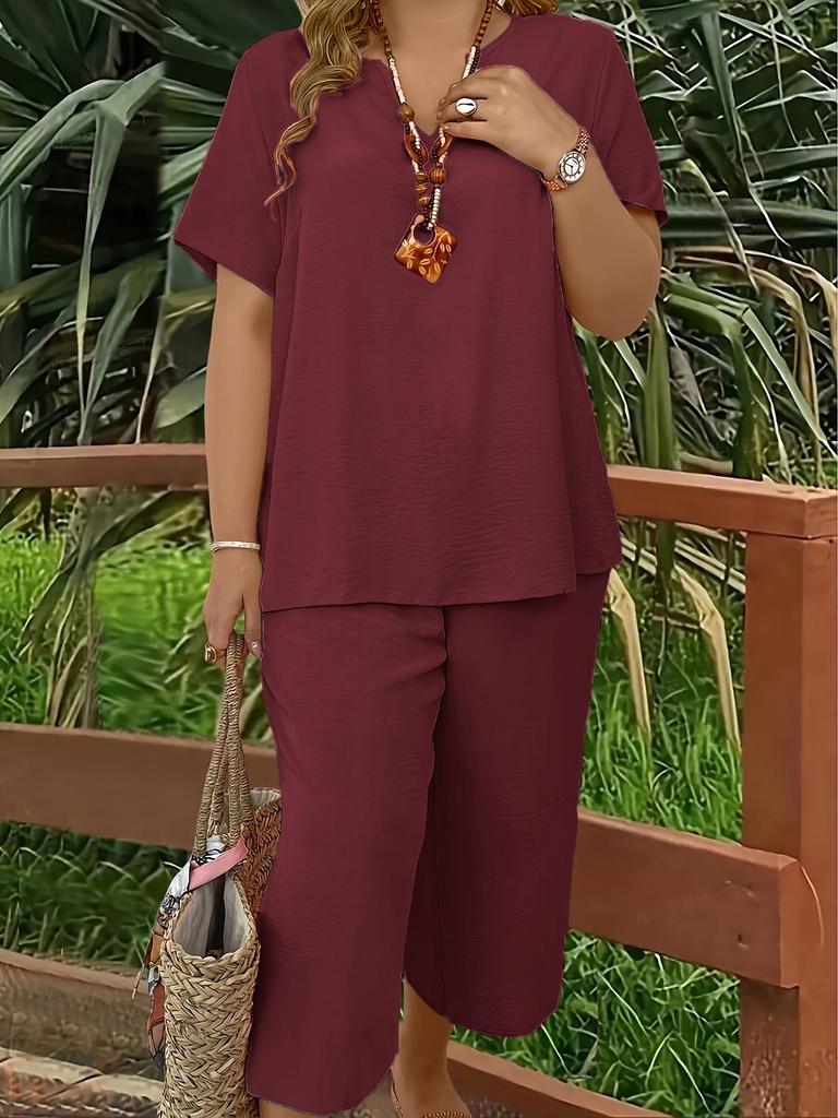 Women's Plus Size Elegant V-Neck Short Sleeve Top and Wide-Leg Pants Set - Solid Colors for Spring, Summer, and Autumn.
