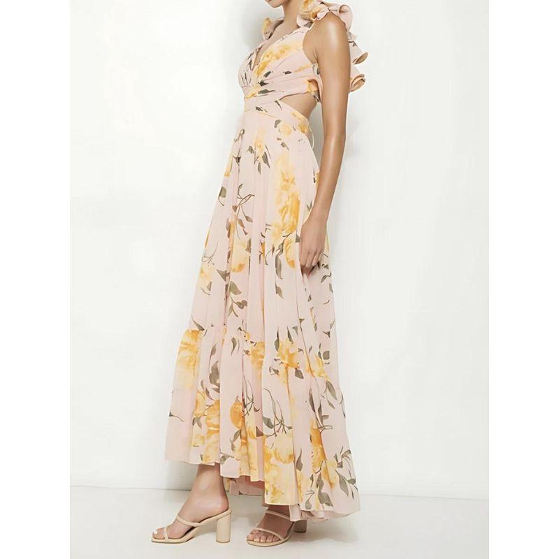 Export In Home Fairy Holiday Beautiful Ruffles Open Back V Neck Midriff Outfit Mesh Exquisite Print Tied Dress