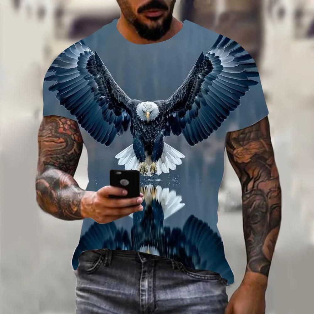 Koszulka męska Harajuku Hip Hop Trend Street Casual Okrągły dekolt Krótki rękaw Luźny Top Zabawny 3D Animal Eagle Print Koszulka