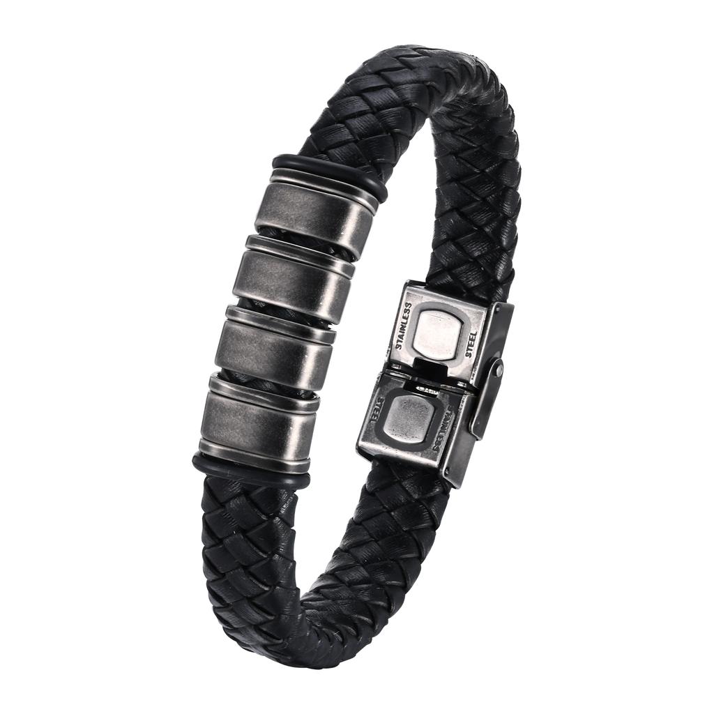 Vnox Free Personalized Family Names Stainless Steel Beads Bracelets Gift for Dad Grandpa, Mens Leather Wristband,Christmas Gift