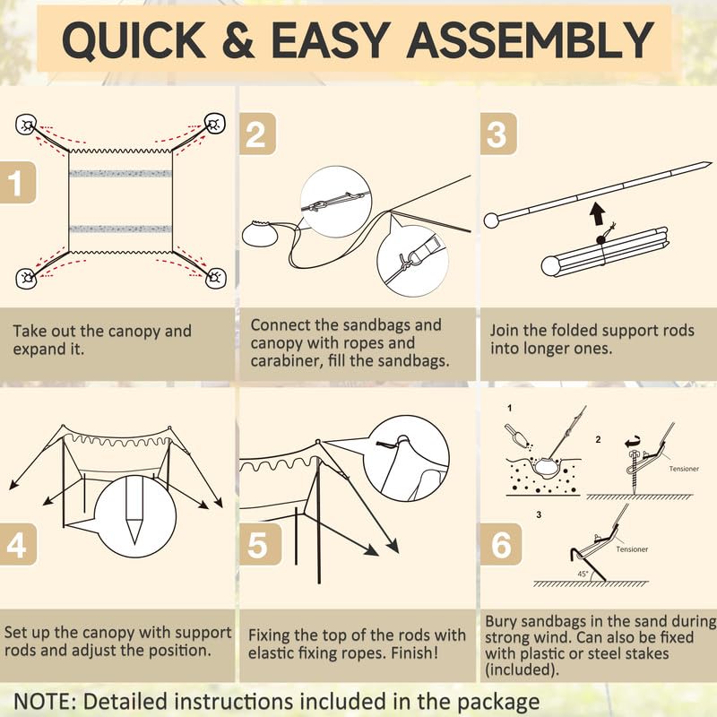 VILLEY Tarp Beach Tarp Beach Sunshade Beach Tent for 4 To 6 People Tarp Tent with 4 Poles UV Protection UV Cut Shading Ventilation Sun Shade Sun
