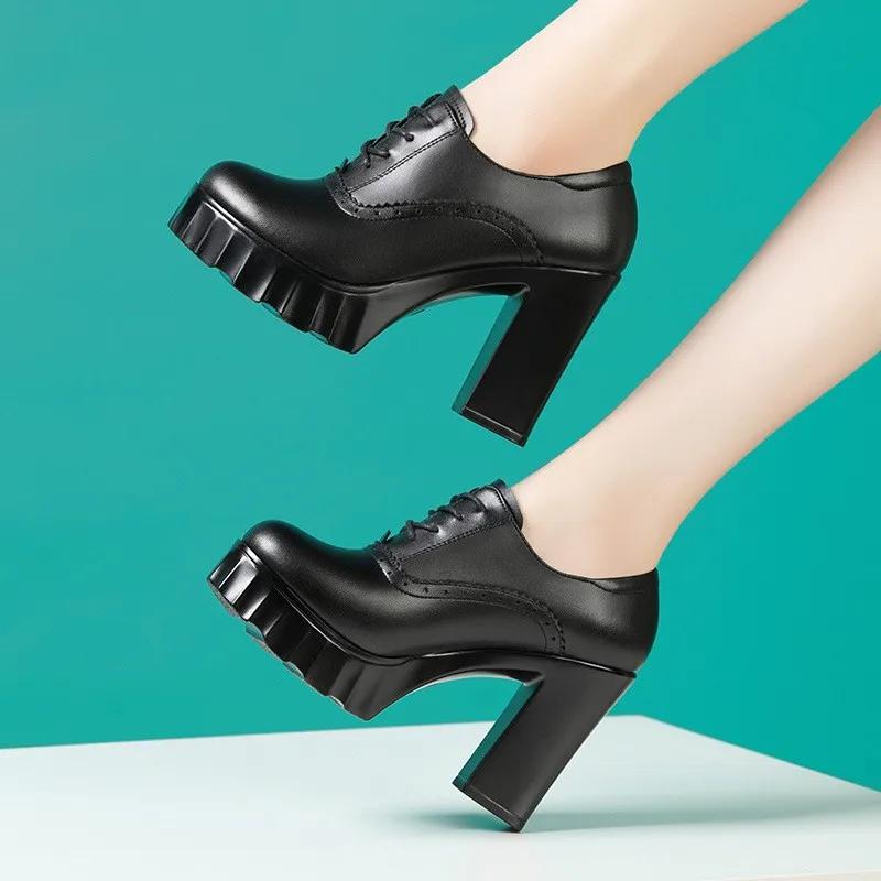 10cm Small Size 32-43 British Deep Mouth Platform Shoes Brogues Fall 2025 Block High Heels Shoes Genuine Leather Shoes Office