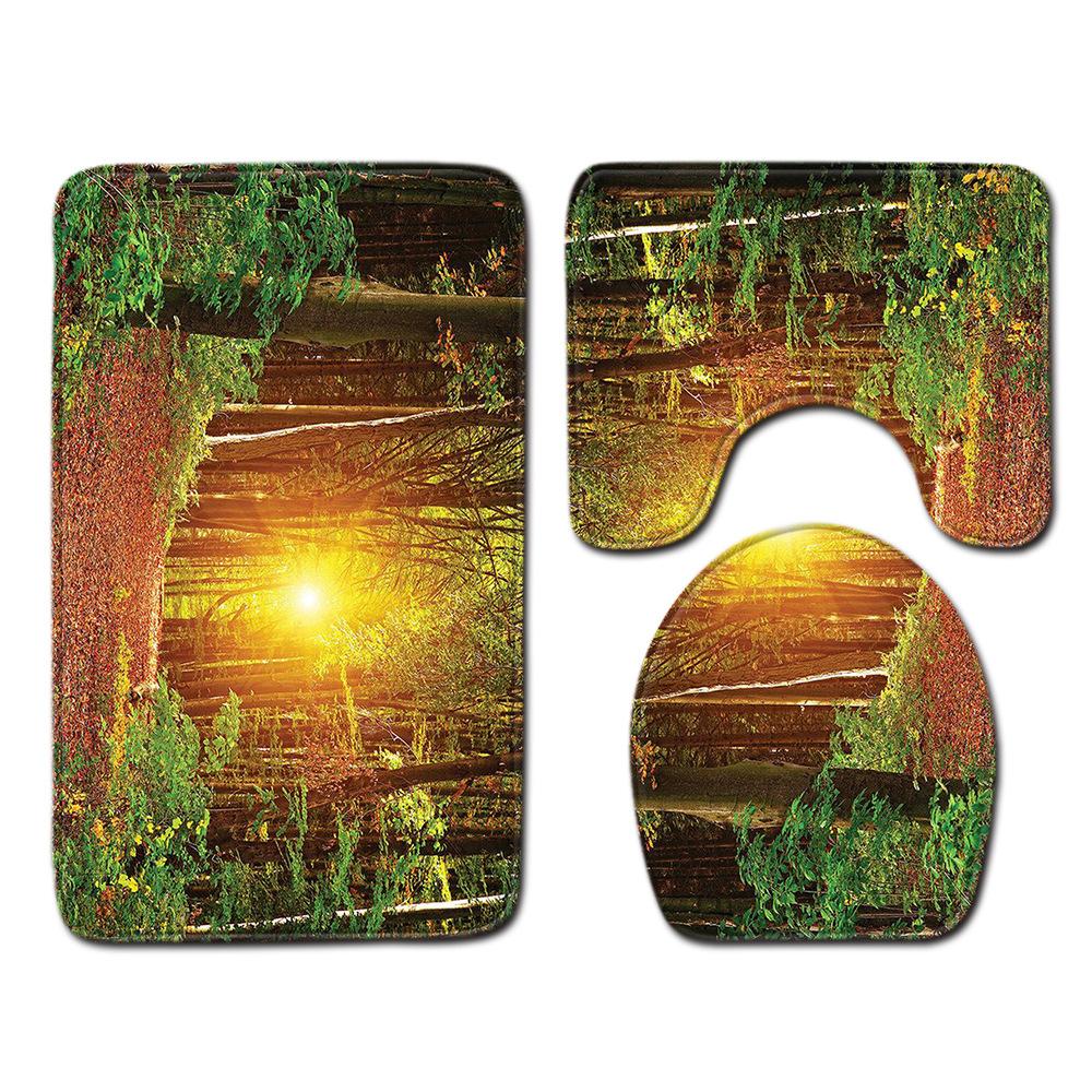 Toilet Three-Piece Bathroom Decorative Floor Mat Doormat Combination Water Drop Green Leaves Natural Scenery