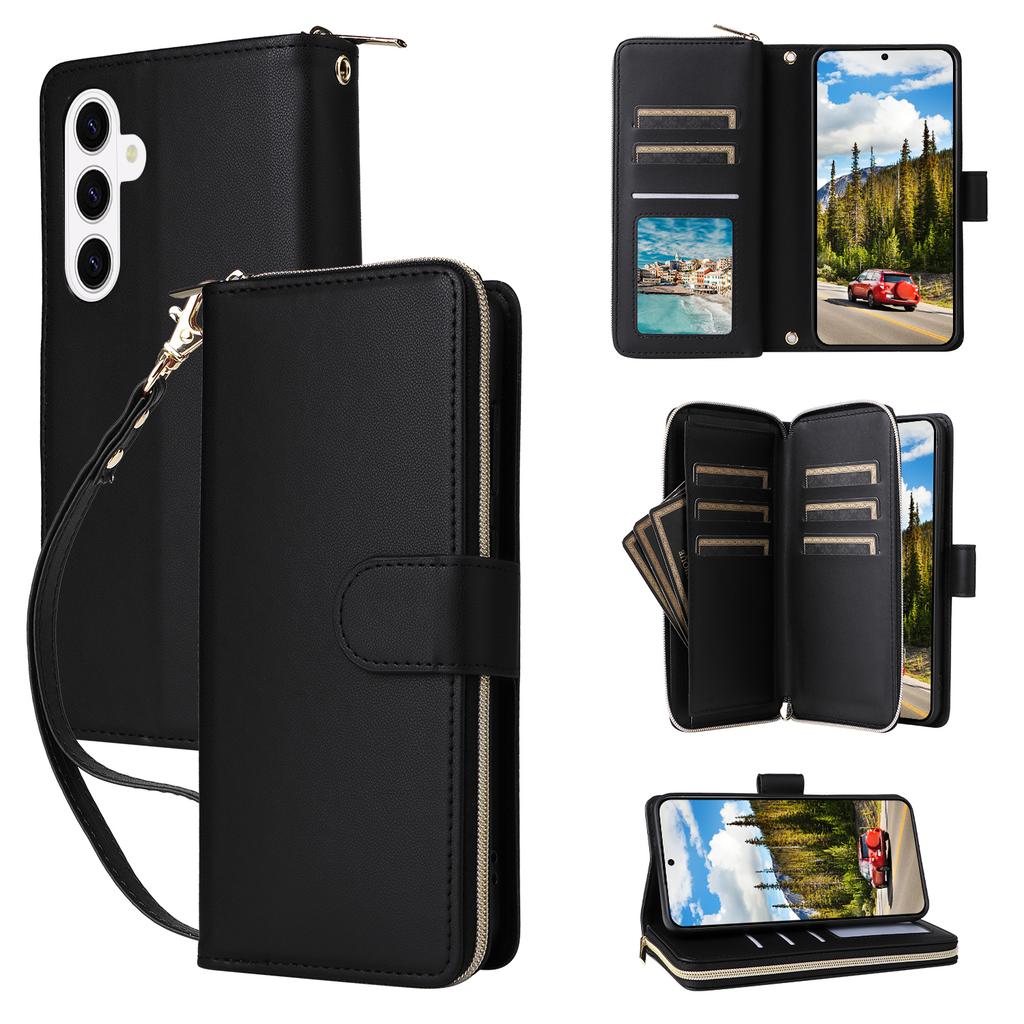 For Samsung Galaxy S26+ Case 9 Card Slots Zipper Pocket PU Leather Phone Cover with Wrist Strap