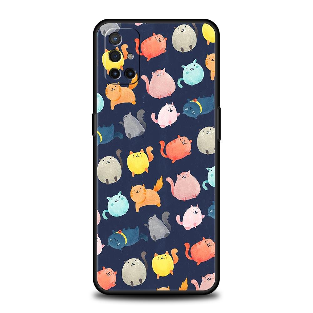 Cartoon Cats Background For OnePlus 10 Pro 9 8T 8 Nord N10 7 7T 9R Phone Case For 1+ Nord 2T CE 2 N100 N200 Z 5G Black Cover