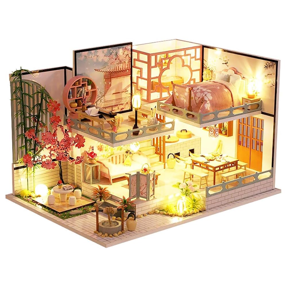 

Moin Moin Dollhouse Miniature DIY Kit Two-Story Model Room Design Chinese Style Cherry Bamboo 1/24 Scale with LED Light and Acrylic Case