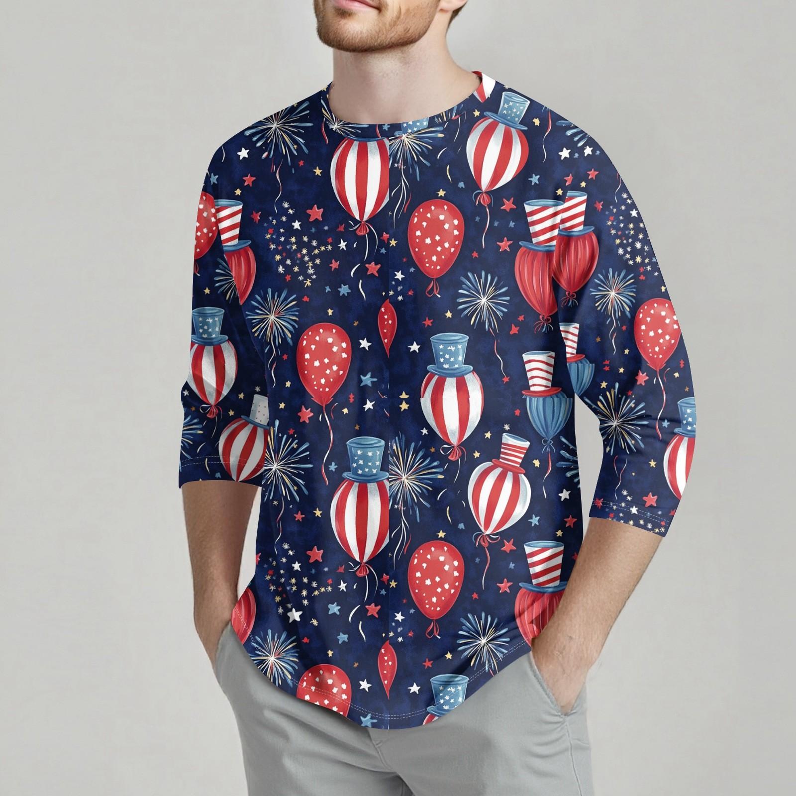 

Мужская Мода Повседневный Принт Дня Независимости Вырез Рукав Семь Восьмых Топ Футболка XL винный