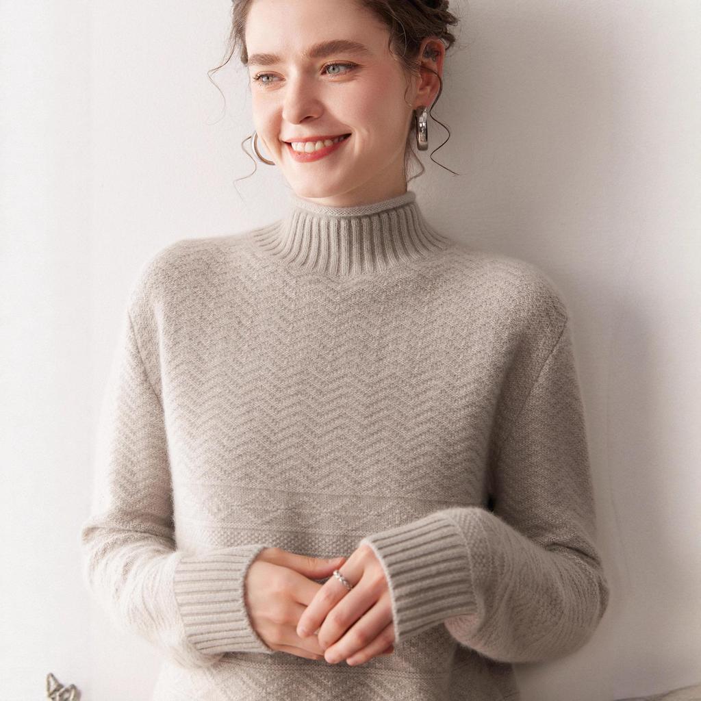 Women's Wave Jacquard Thickened Cashmere Sweater, Solid Color Half-High Neck Knit Top for Autumn/Winter