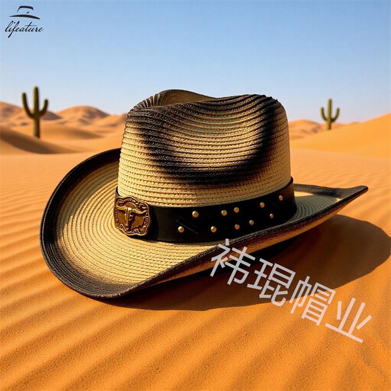 New cow head decorative belt, western denim straw hat, men's and women's outdoor sunscreen hat, European and American fashion hat