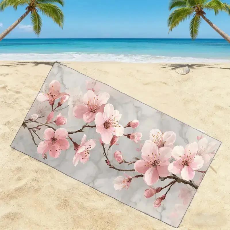 1pc, Cherry Blossom Season Outdoor Sketching Theme Beach Towel, Spring Festival Beach Towel, Soft, Absorbent,Cherry Blossom Rain