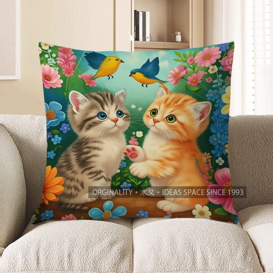 Home Decor Cute Kittens With Flowers And Butterflies Pillow Pattern Cushion Cover Suitable For Sofa Bedroom Car Pillow Cover