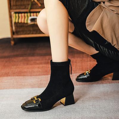 Short Boots Women's Spring and Autumn Single Boots Square Head Thick Heel Women's Boots 2025 New French Horse Buckle Retro Medium Tube Thin Boots