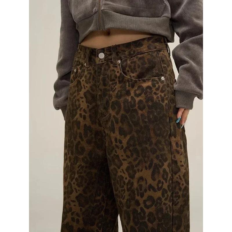 Tan Leopard Jeans Women Denim Pants Female Oversize Wide Leg Trousers Streetwear Hip Hop Vintage Clothes Loose Casual