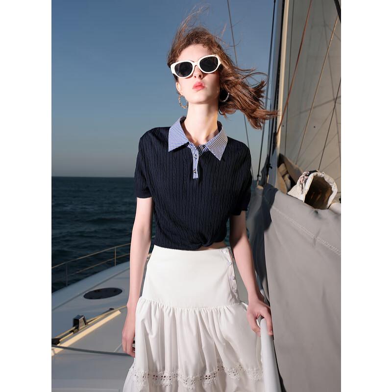 Sancai Women's 2025 Summer Slim-Fit Plaid Knit Polo Shirt