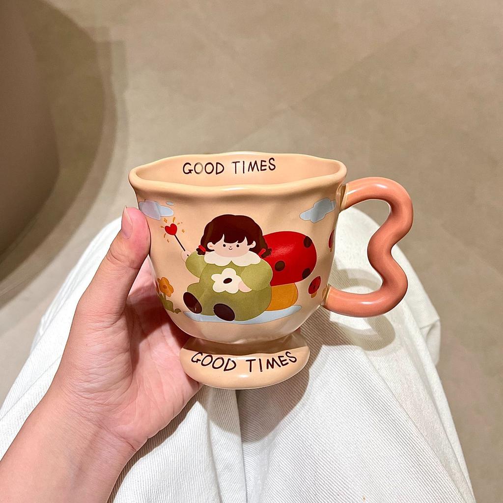 High-value Mug Ceramic Cup with Lid and Spoon Cute Drinking Cup Girls Office Coffee Breakfast Cup