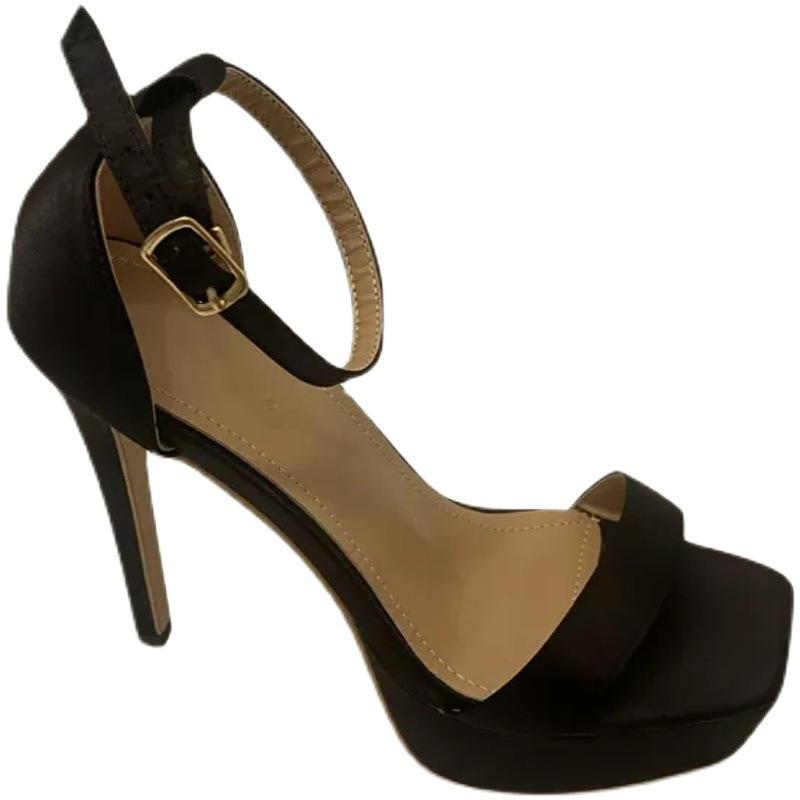 Novas sandálias europeias de estação, salto fino, sexy, leopardo, listra, fivela, plataforma, salto alto, sapatos abertos