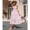 Women Sweet Floral Print Square Neck High Waist Flutter Sleeve Midi A Line Dress