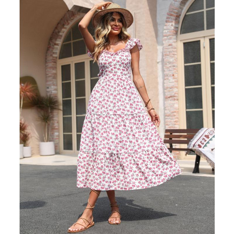 Women Sweet Floral Print Square Neck High Waist Flutter Sleeve Midi A Line Dress