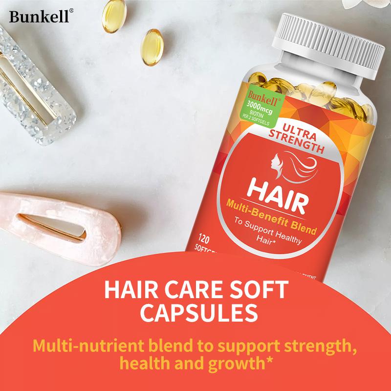 Super-potent hair care capsules support healthy hair, containing biotin, keratin, and vitamin D 120 capsules.