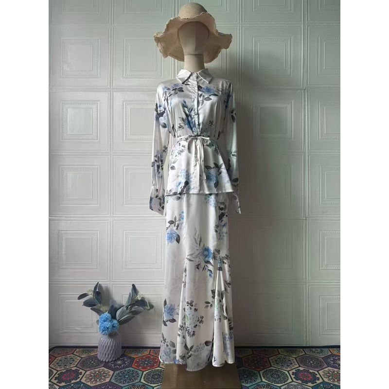 

Fashion Wind Fashion Print Shoelace Shirt Skirt Suit Printed Shirt and Skirt Set Blue flower XXL