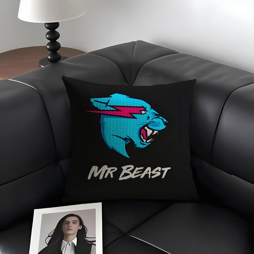 Housse de coussin Logo Mr Cute B-Beasts Lin Naturel Tissu Biologique Impression Double Face Décoration de Canapé Maison Housse de Coussin Cadeau
