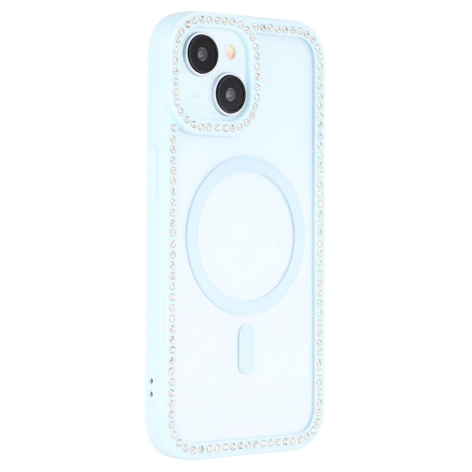 

For iPhone 15 Case Compatible with MagSafe Sparkling Rhinestone Decor TPU+PC Clear Phone Back Cover Blue