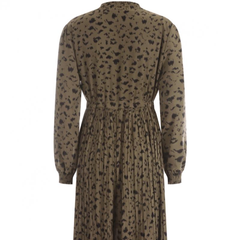Shop Women Leopard Waist Strap Pleated Long Sleeve Long Dress Brown Cp Wdr 164