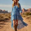 Abito midi da donna a maniche lunghe a lanterna con scollo a V, stampa floreale, orlo arricciato asimmetrico, stile boho casual, per la primavera