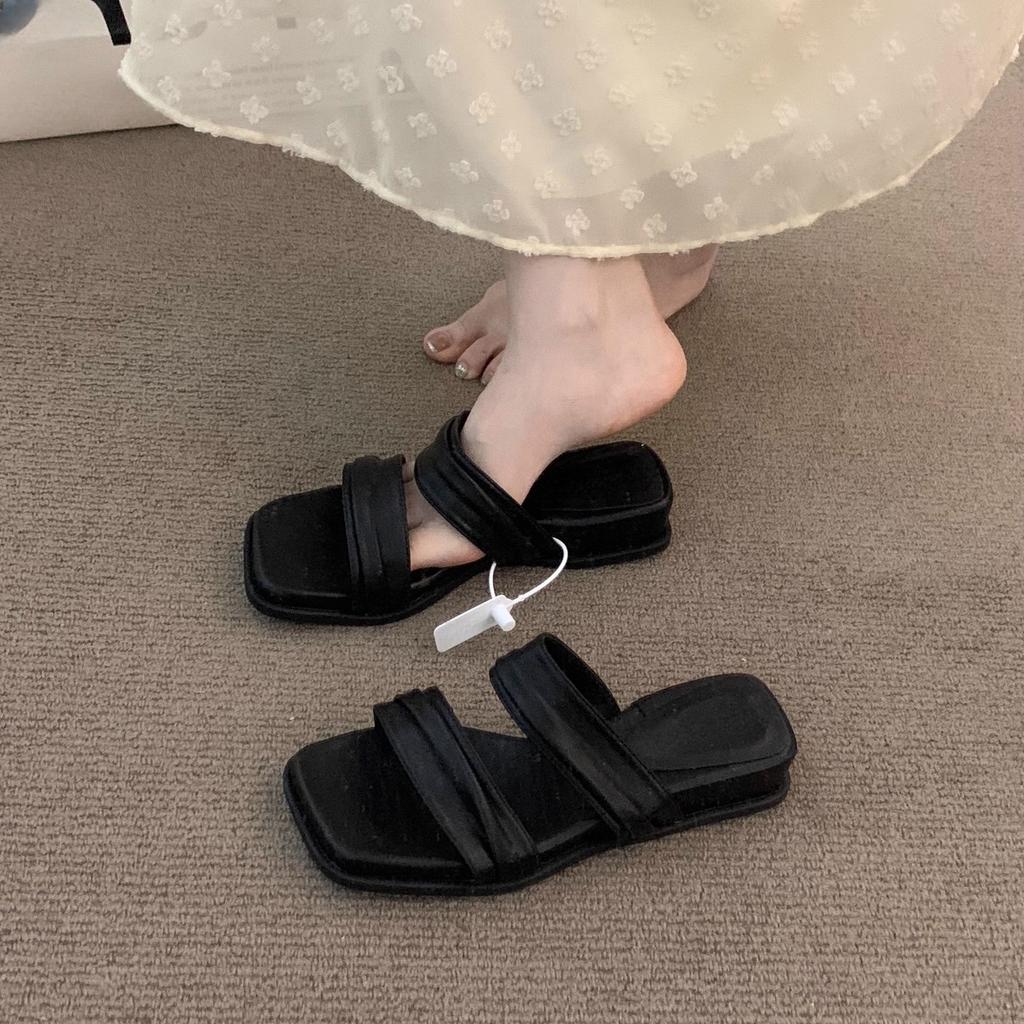 Wedge heel niche retro square head one-word slippers women's shoes outer wear 2025 summer with skirt French sandals