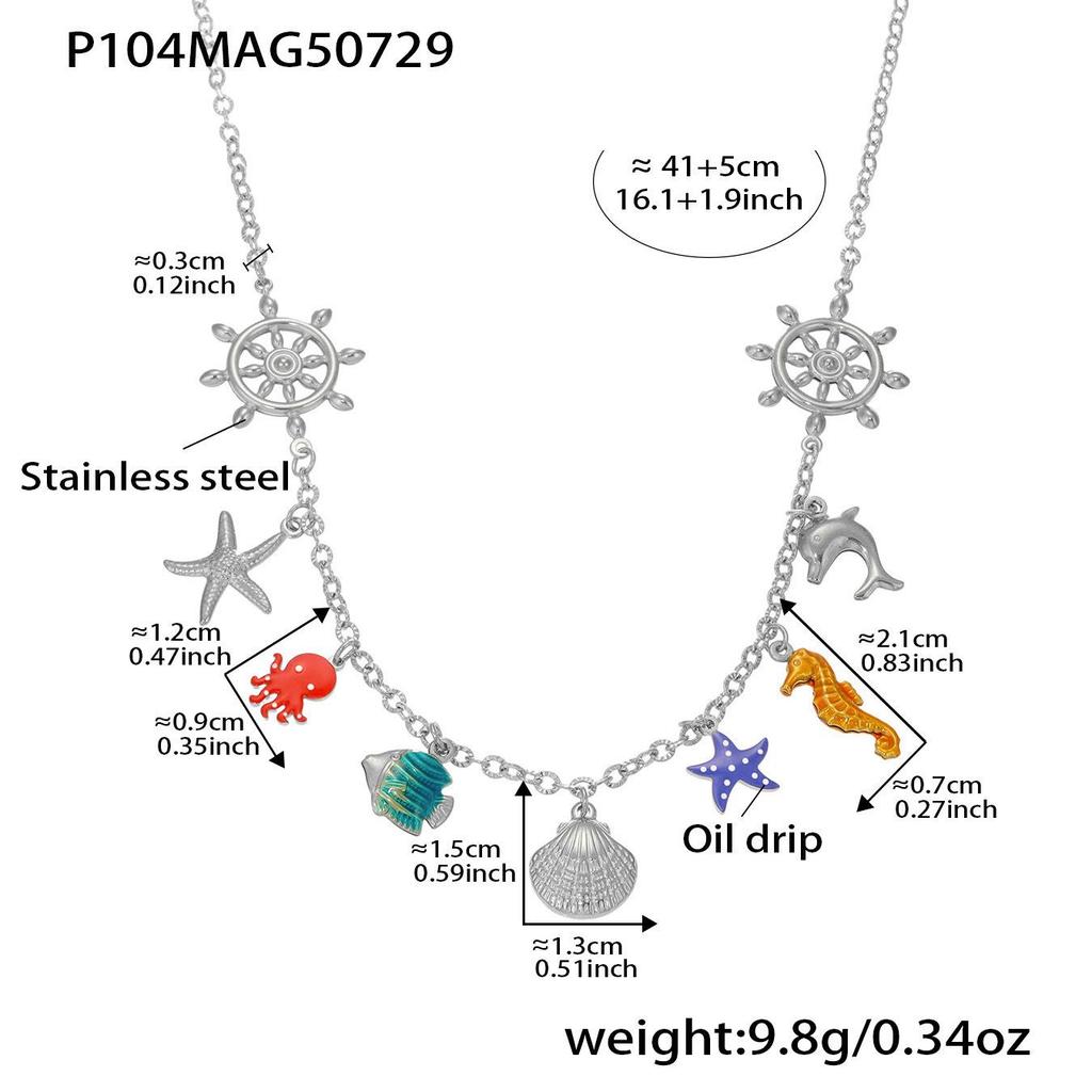 Oumayka Ocean Vacation Style Drip Oil Starfish, Seashell & Seahorse Stainless Steel Necklace