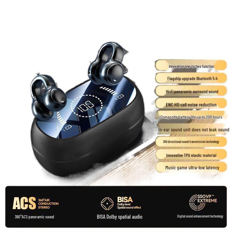 Bluetooth Bone Conduction Clip-On Earbuds with Smart Display & Extended Battery