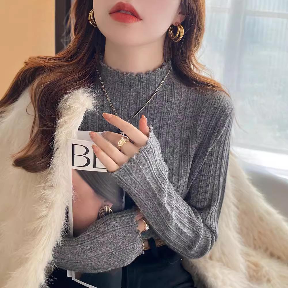 

Women s Ruffled High Neck Knit Sweater - Slim Fit, Soft & Fluffy, Long Sleeve Trendy Pullover for Autumn/Winter One Size (suitable for up to 60 kg)