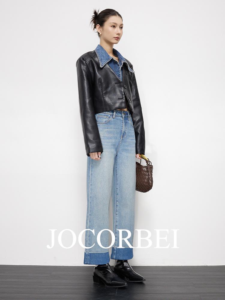 JOCORBEI Contrast Color High-Waist Wide Leg Jeans for Petite Women