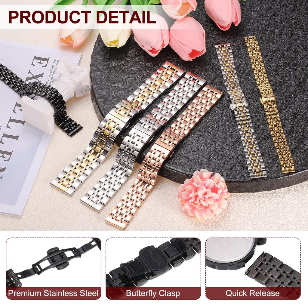 [uxcell] Stainless Steel 16mm Quick Release Metal Watch Band, Unisex, Replacement Butterfly Clasp Wrist Strap with Removal Tool, Black