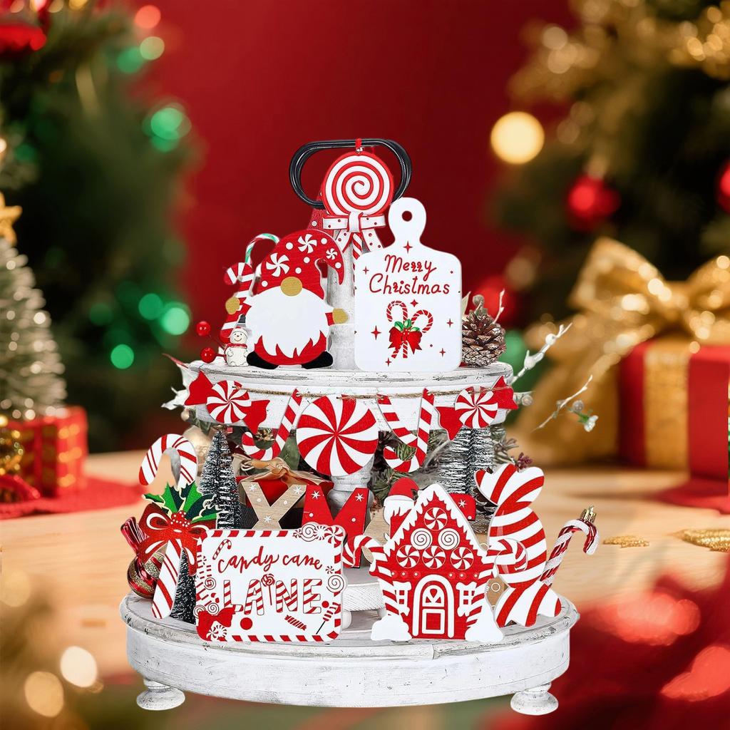 Festive Christmas Tiered Tray Decor Set with Colorful Gnomes and Wooden Farmhouse Accents for Home and Party Décor