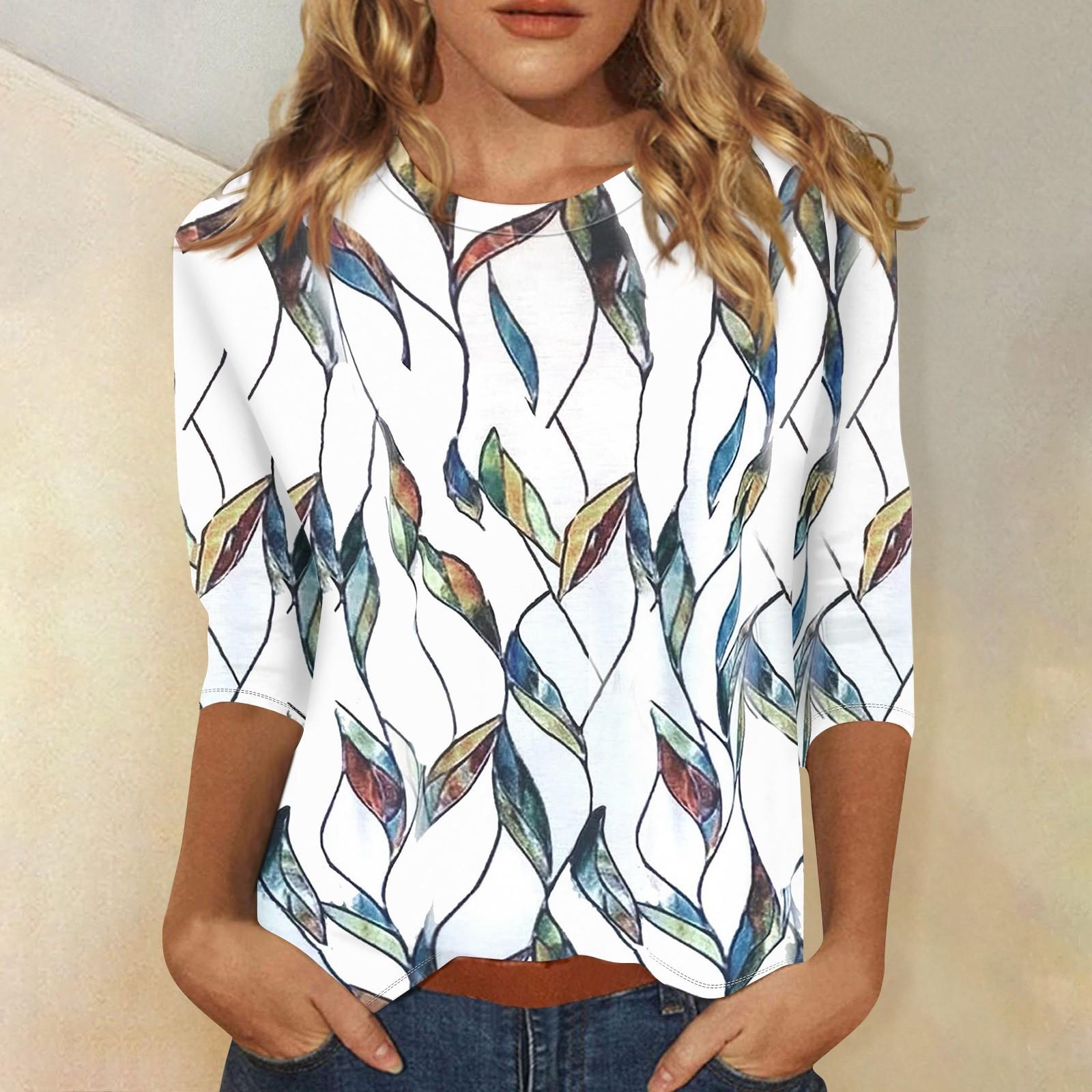 

Women s Casual Leaf Print 3/4 Sleeve Round Neck Loose Fit Blouse Top Comfortable and Stylish L армия зеленый