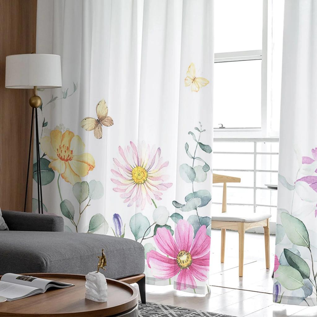 Idyllische Wildblumenblätter Tüllvorhänge für Wohnzimmer, transparenter Vorhang für Schlafzimmer, Weihnachtsjalousien, Voile-Vorhänge