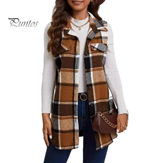 

Женский жилет весна-осень с отложным воротником и клетчатым принтом, без рукавов, свободный однобортный жилет средней длины, пальто, верхняя одежда для школы и поездок на работу XXL коричневый