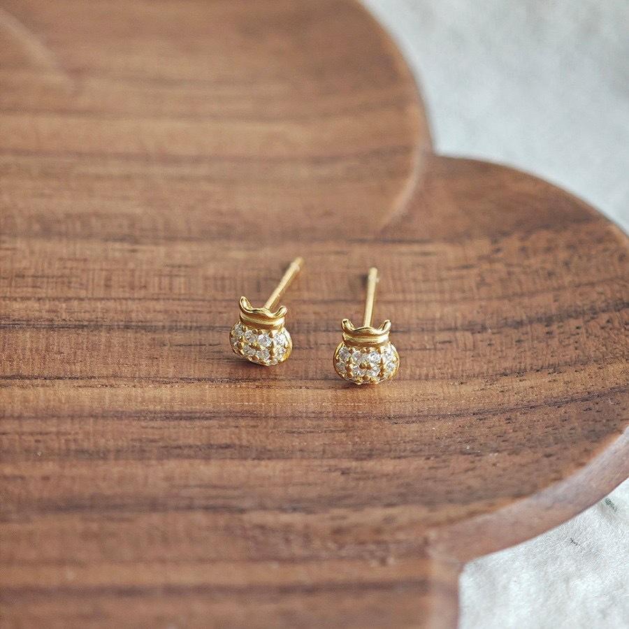 Beutel Ausbuchtung Wohlstand Anziehend S925 Vergoldetes Silber Diamant Geldbeutel Ohrstecker - Vielseitiges Pendler-Accessoire im chinesischen Stil