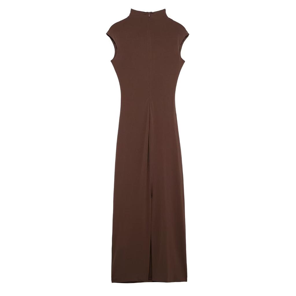 Women's Clothing Winter European and American Pleated Decorative Semi-turtleneck Sleeveless Midi Long Dress