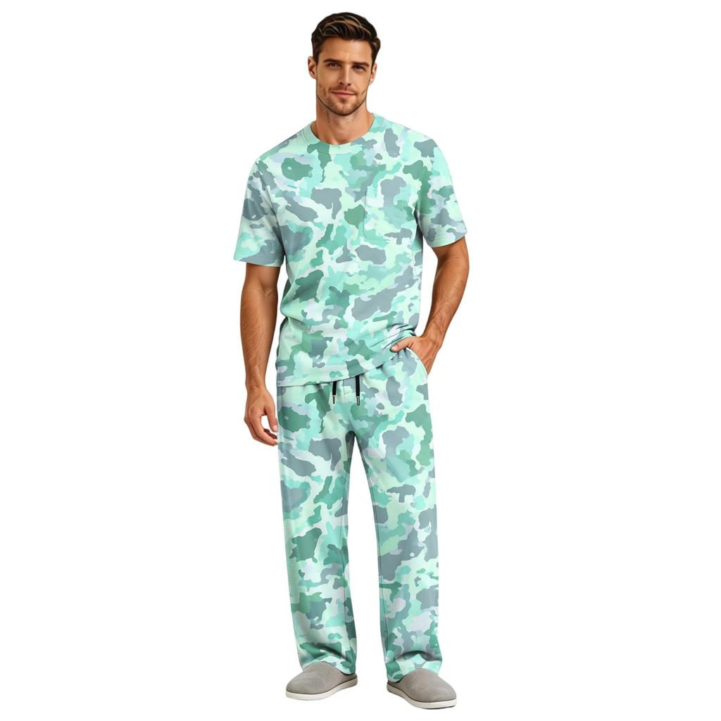 Herren Kurzarm-Schlafanzug-Set mit langer Hose, Schrittknopf und elastischem Kordelzugbund für zu Hause