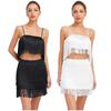 Womens 2 Piece Fringe Dance Set Adjustable Spaghetti Strap Crop Top Elastic Waist Tassel Skirt Club Party Costume