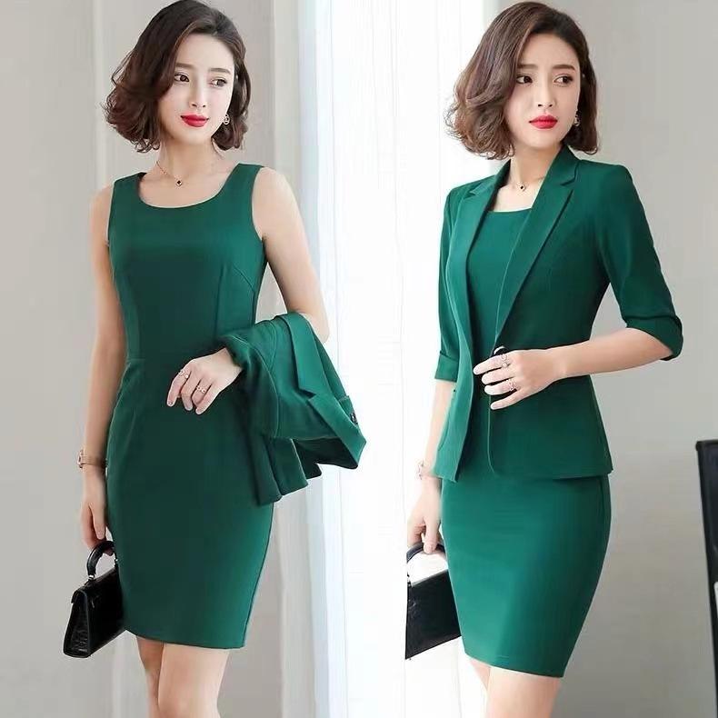 

Women s Elegant British Style Two-Piece Suit for Spring and Autumn L зелений