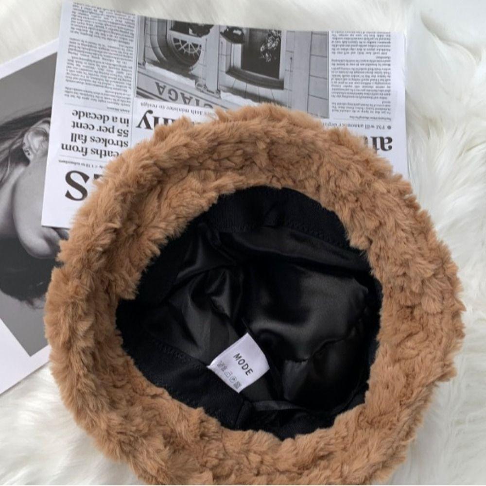 Plush Fisherman Cap Warm Basin Sun Cap Winter Plush Bucket Hat  for Women