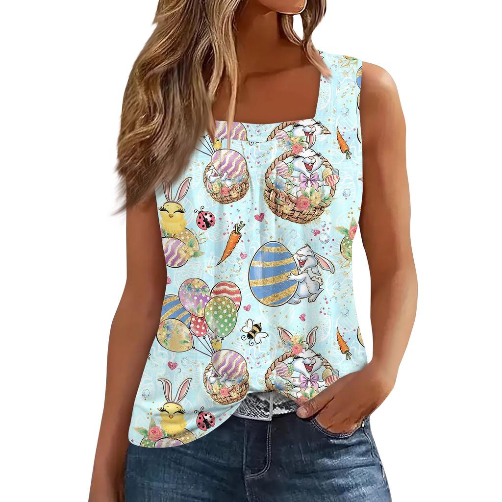 Women's Fashion Sexy Pleated Square Neck Easter Print Sleeveless Vest Top